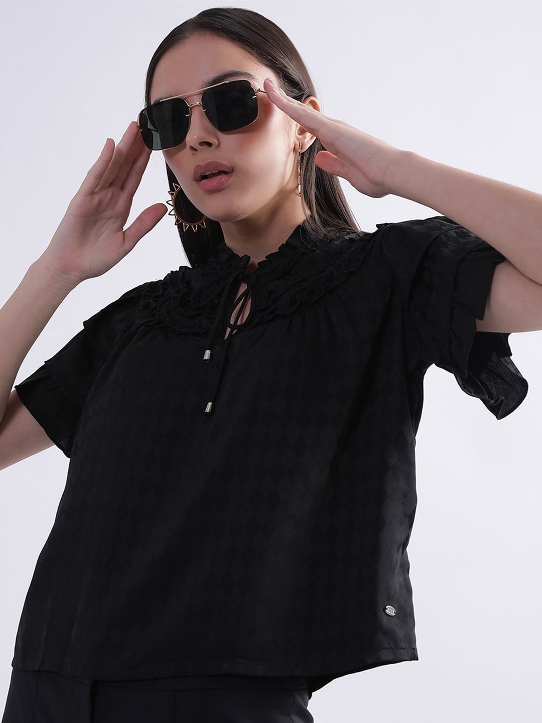 

ELLE Women Solid Tie-Up Neck Top, Black