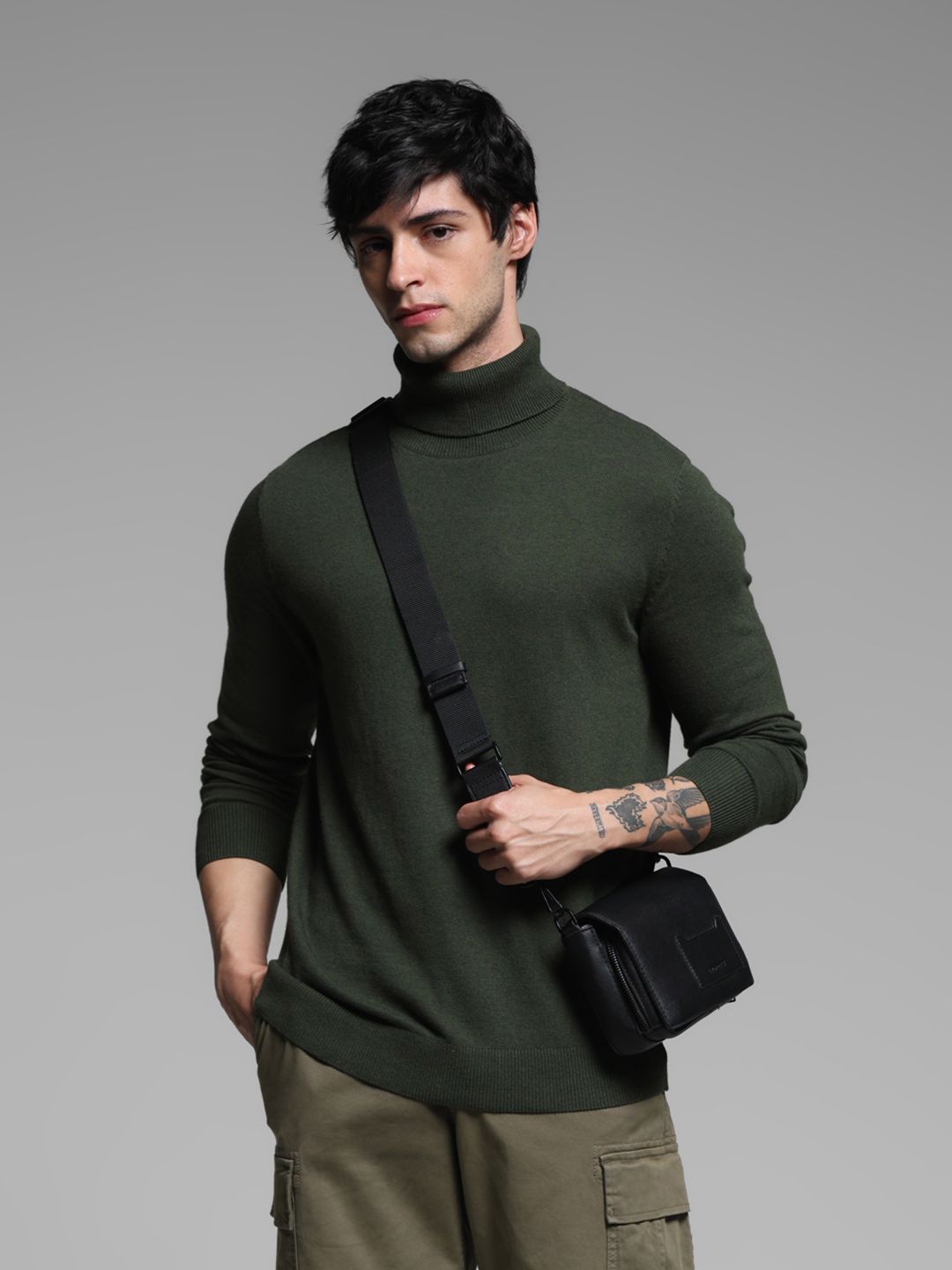 

Jack & Jones Men Solid Turtle Neck Pullover Casual Sweaters, Olive