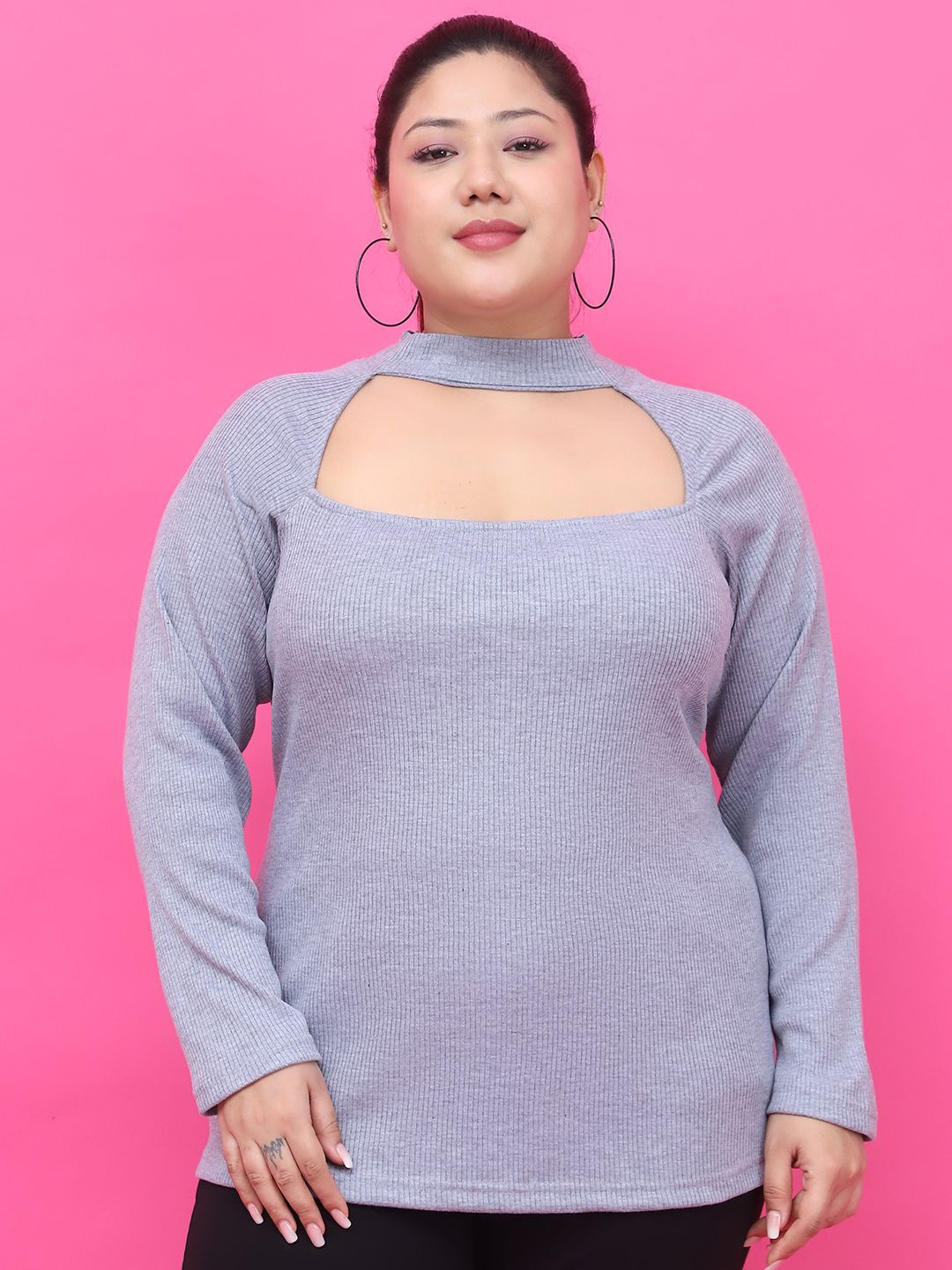 

theRebelinme Women Solid High Neck Cotton Top, Grey