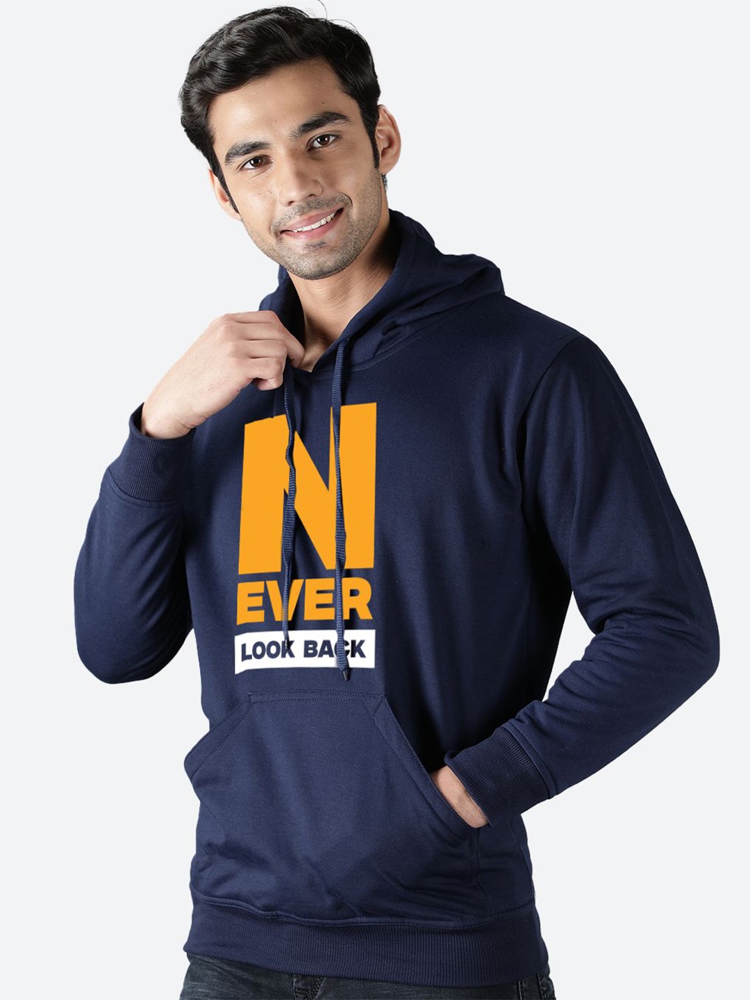 

Mad Over Print Men Typography Printed Hood Pullover Ribbed Sweatshirt, Blue