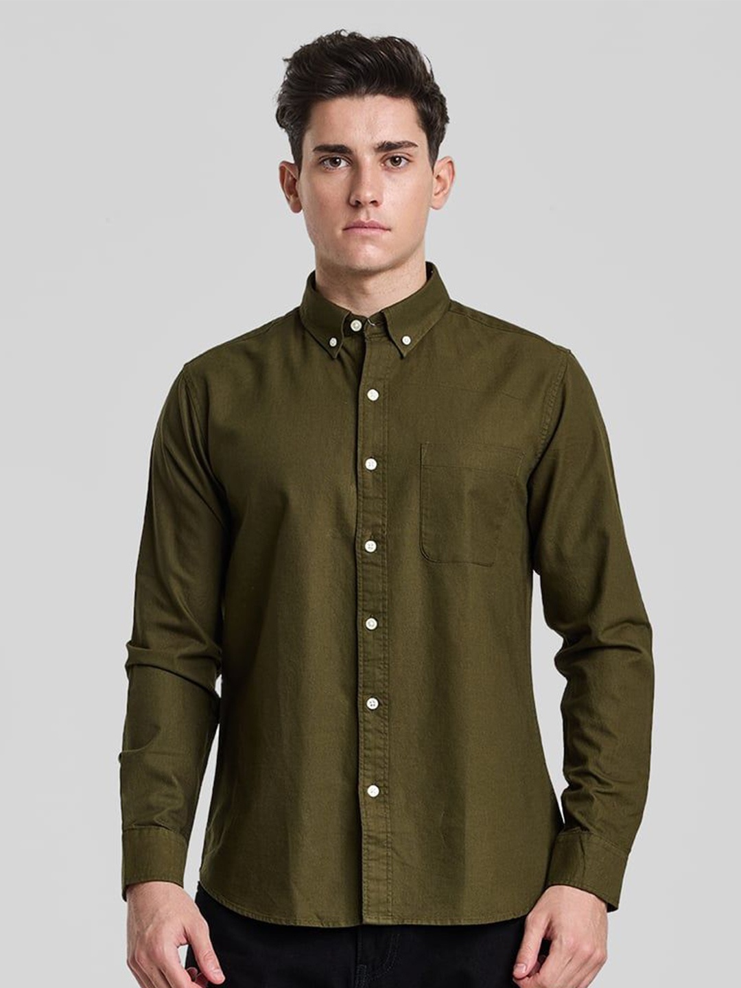 

Snitch Men Smart Button-Down Collar Solid Cotton Slim Fit Casual Shirt, Olive