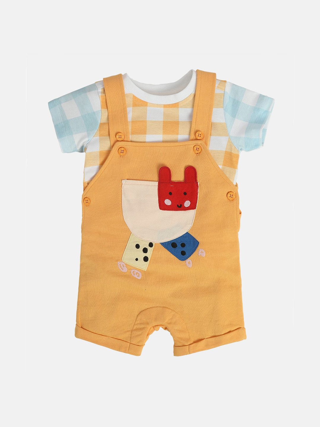 

MINI KLUB Infant Boys Shoulder Straps Neck Sleeveless Cotton Dungarees With T-shirt, Orange