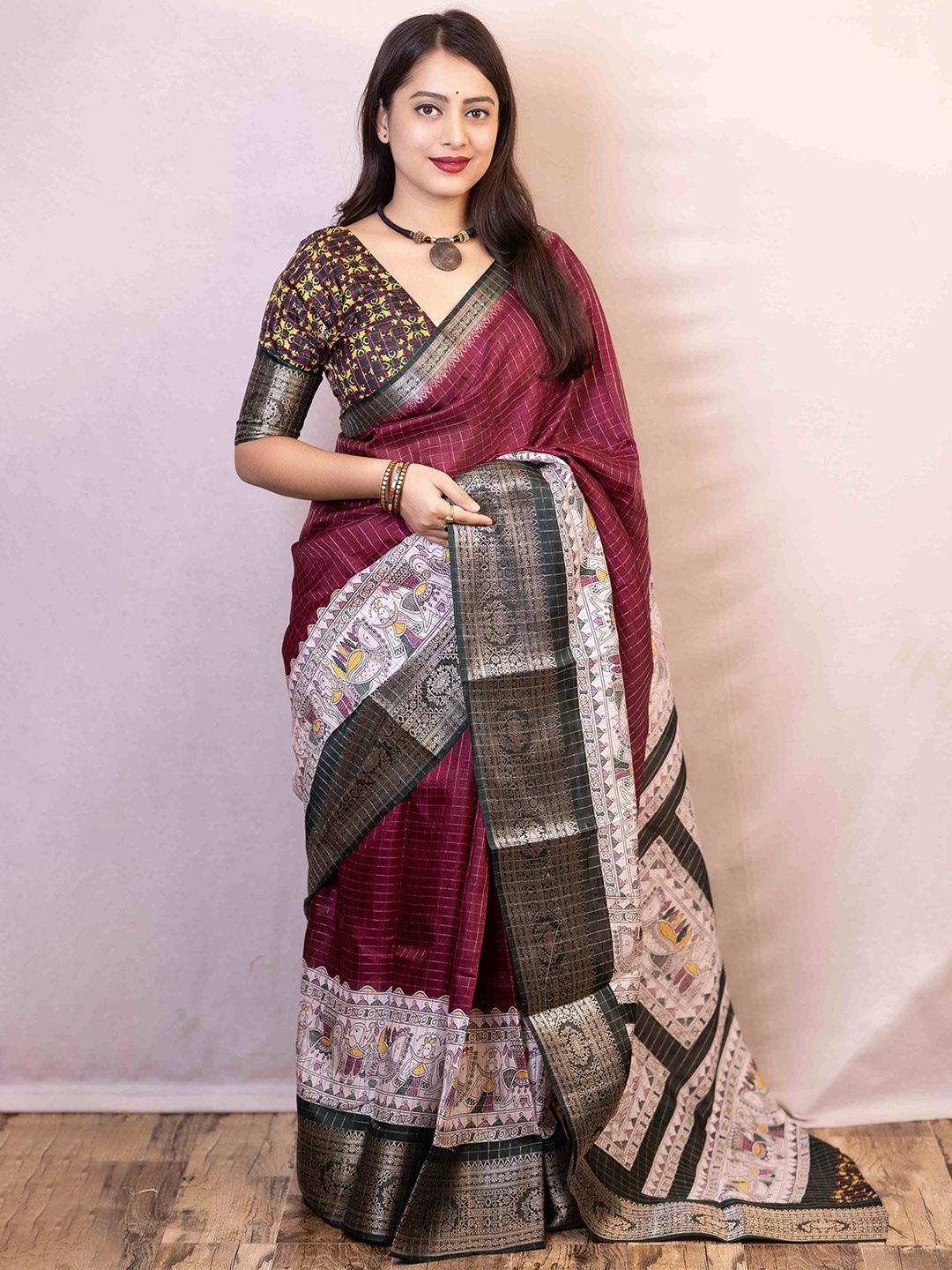 

STAVA CREATION Checked Printed Mysore Saree, Magenta