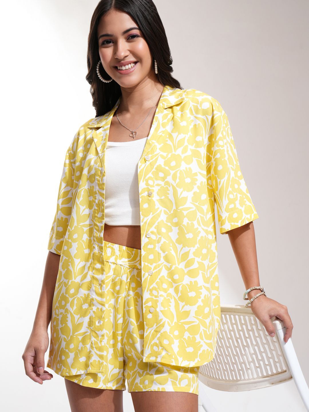 

ESPYR By Tokyo Talkies Floral Printed Short Sleeves Cuban Shirt & Shorts, Yellow