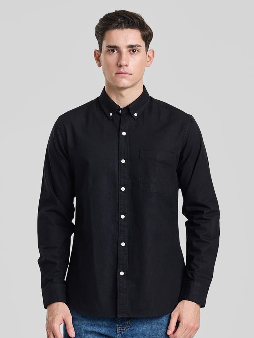 

Snitch Men Smart Button-Down Collar Solid Cotton Slim Fit Casual Shirt, Black