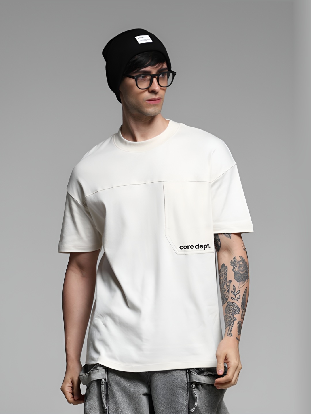 

Jack & Jones Men Typography Printed Round Neck Cotton Oversized T-shirt, Cream