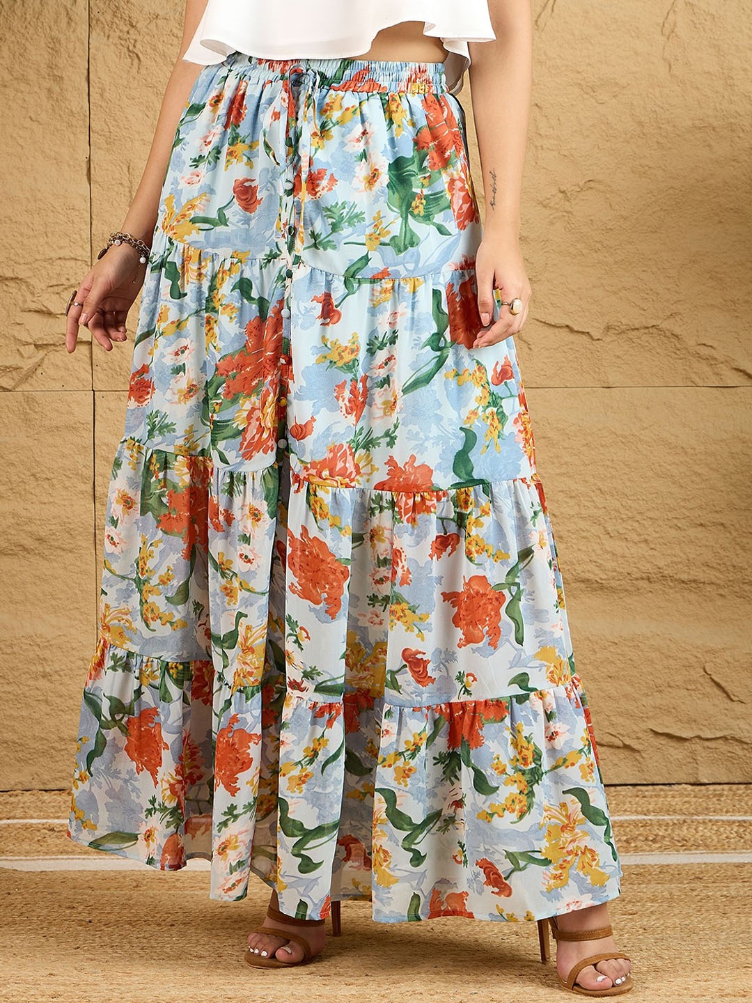 

Berrylush Women Printed Tiered Maxi Skirt, Blue