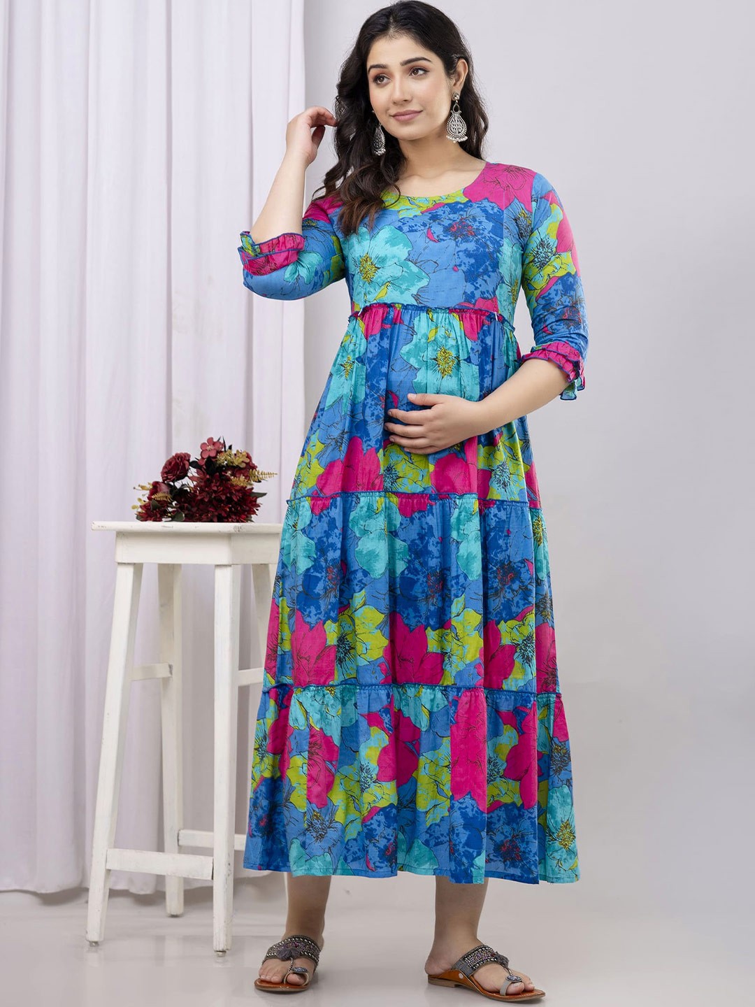 

VARICOS Women Floral Printed Tiering Maternity Cotton A-Line Dress, Blue