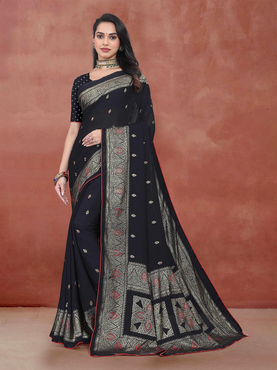 

STAVA CREATION Woven Design Zari Pashmina Saree, Black
