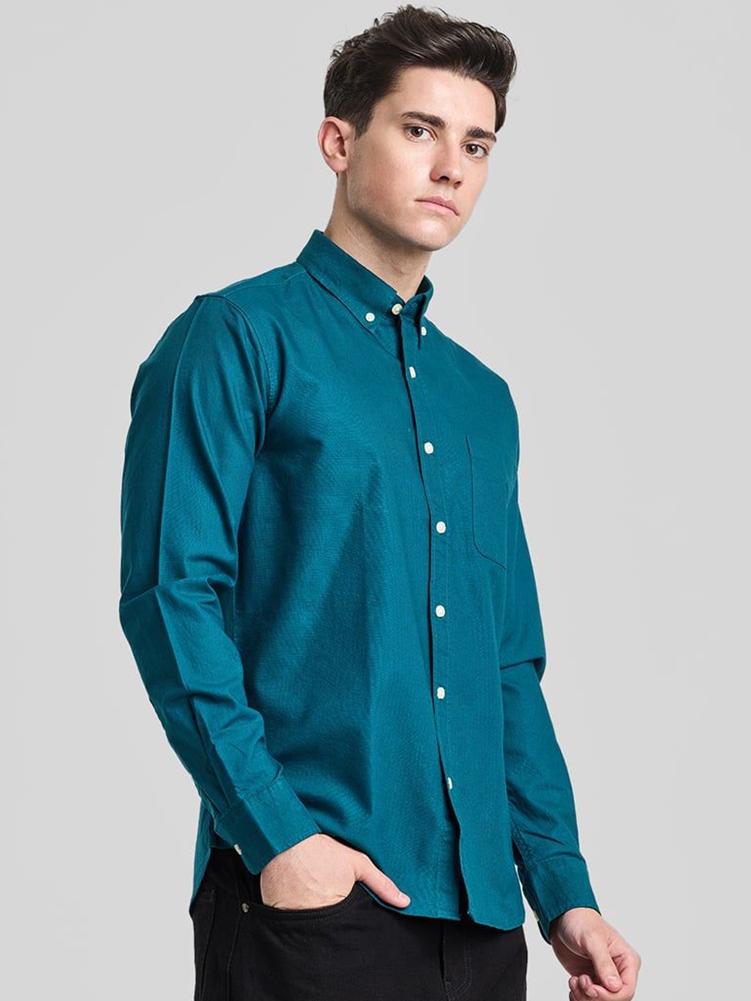 

Snitch Men Smart Button-Down Collar Solid Cotton Slim Fit Casual Shirt, Teal