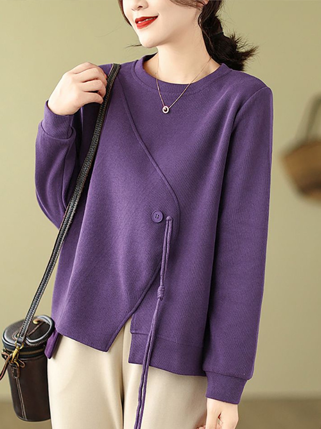 

StyleCast x Revolte Women Solid Round Neck Cotton Pullover Sweater, Purple