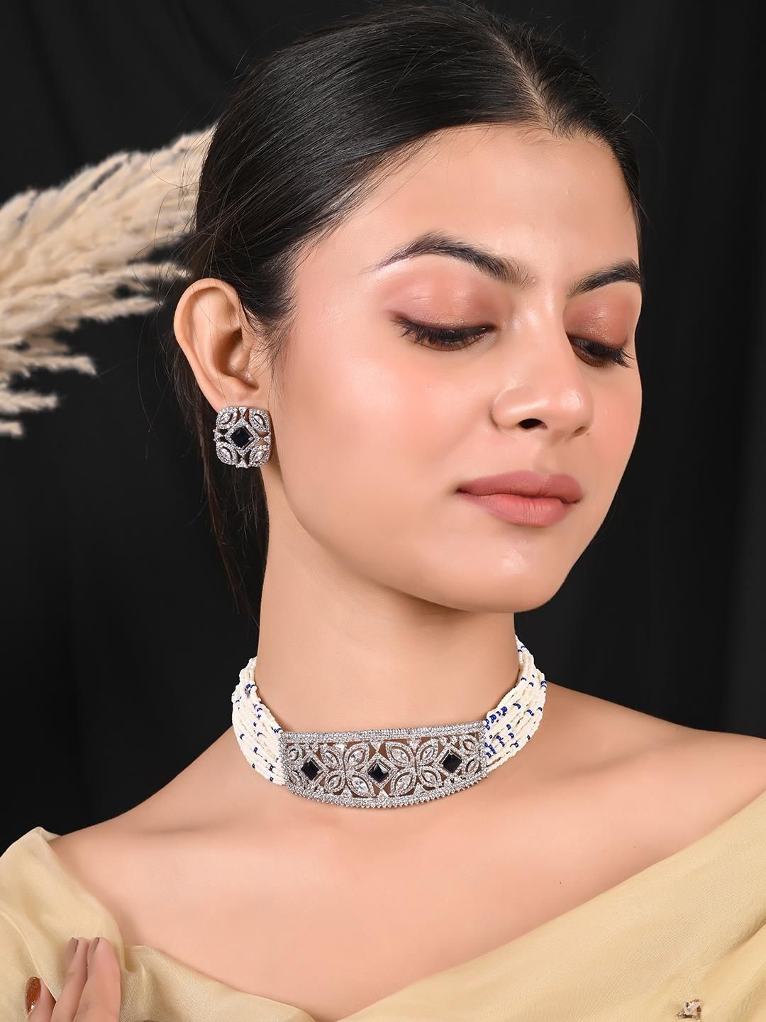 

RATNAVALI JEWELS Silver-Plated AD-Studded & Beaded Jewellery Set