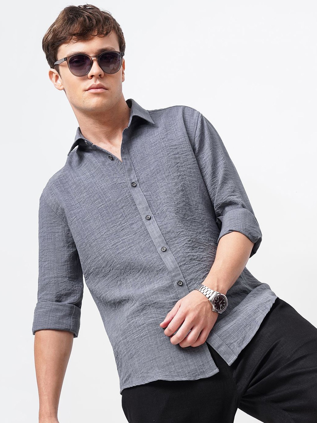 

British Club Men Comfort Spread Collar Textured Casual Shirt, Grey
