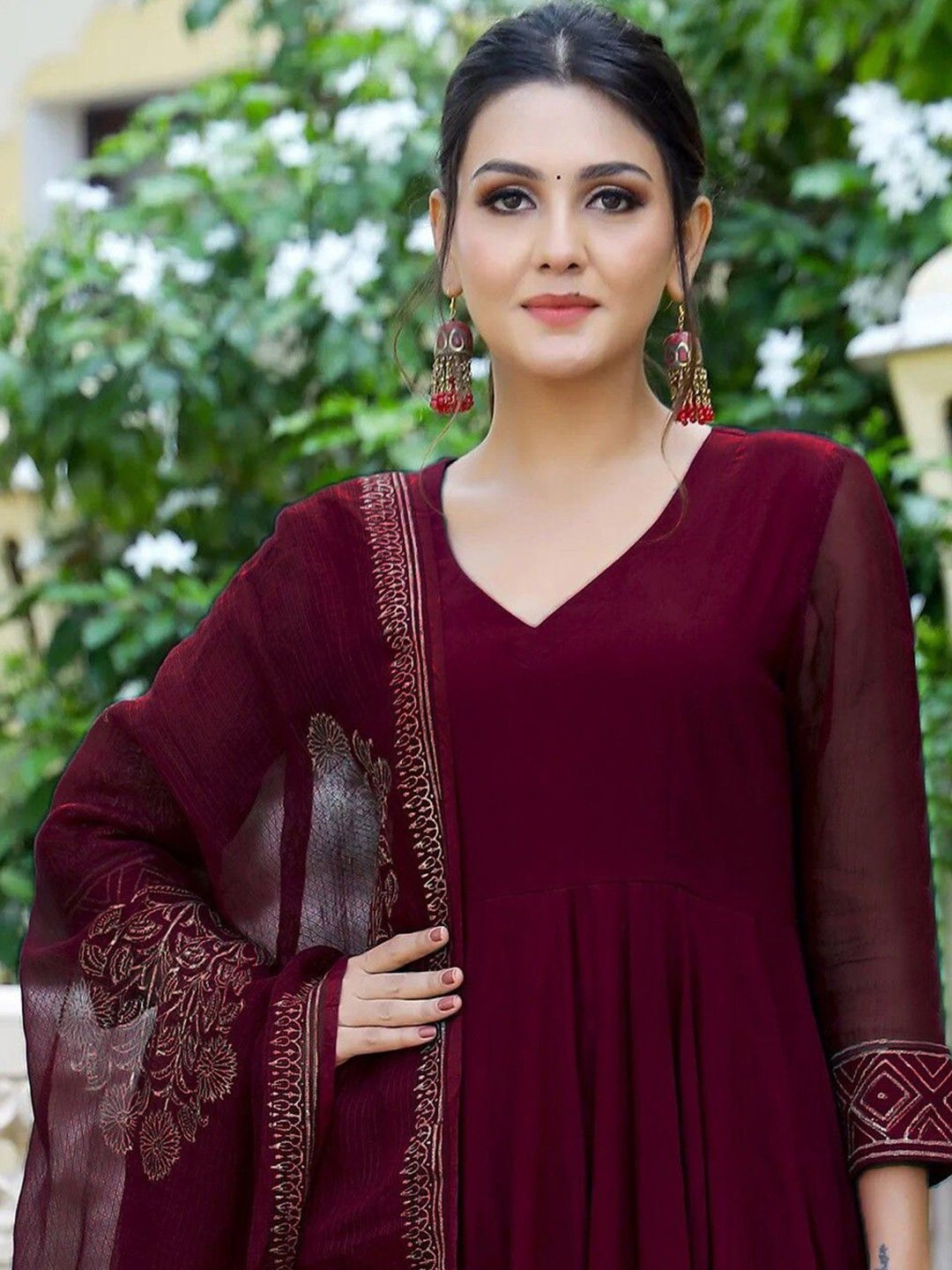 

Anni Designer V Neck Anarkali Kurta with Trousers & Dupatta, Maroon