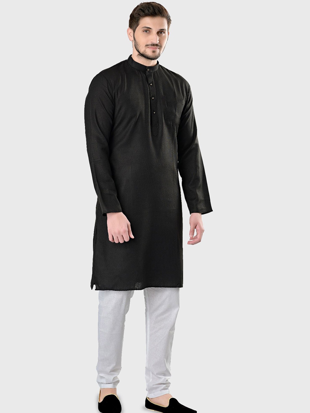 

ENCINO Band Collar Cotton Straight Kurta, Black