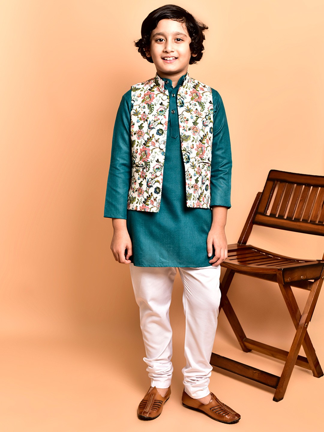 

PRINTCULTR Boys Ethnic Motifs Printed Regular Straight Kurta with Pyjamas, Teal