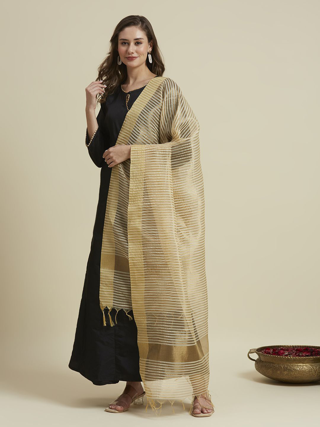 

Dupatta Bazaar Striped Organza Dupatta, Gold