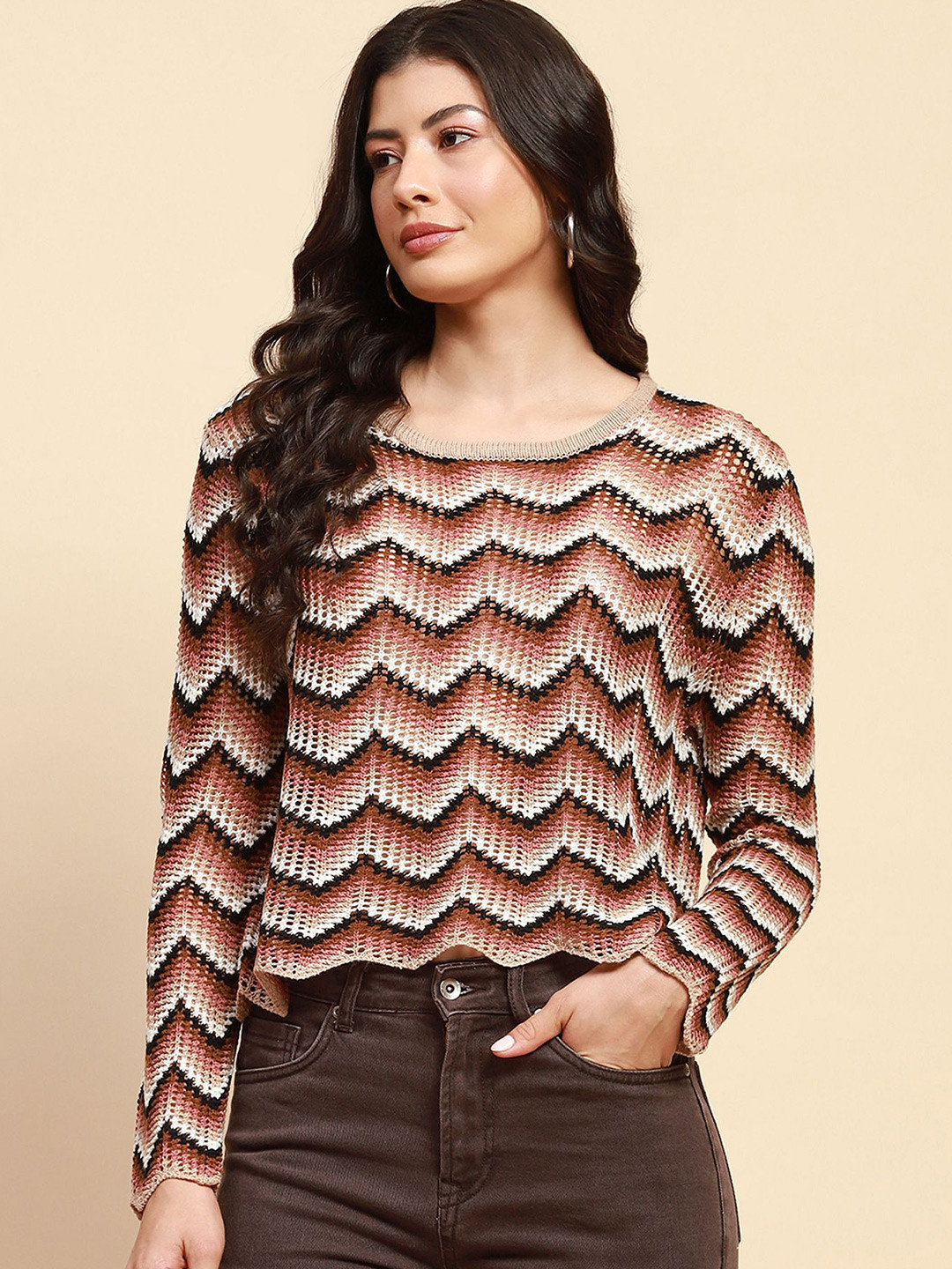 

Global Republic Women Vertical Striped Round Neck Acrylic Top, Beige