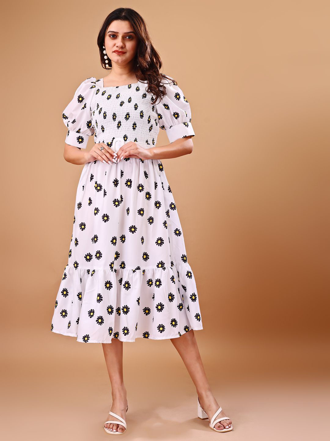

SHINISHA Women Puff Sleeve Fit & Flare Midi Dress, White