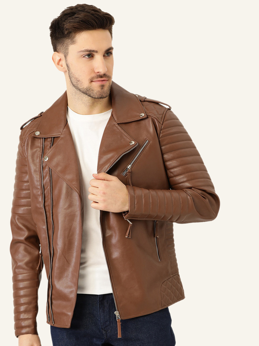 

Leather Retail Men Lapel Collar Solid PU Casual Biker Jacket, Brown