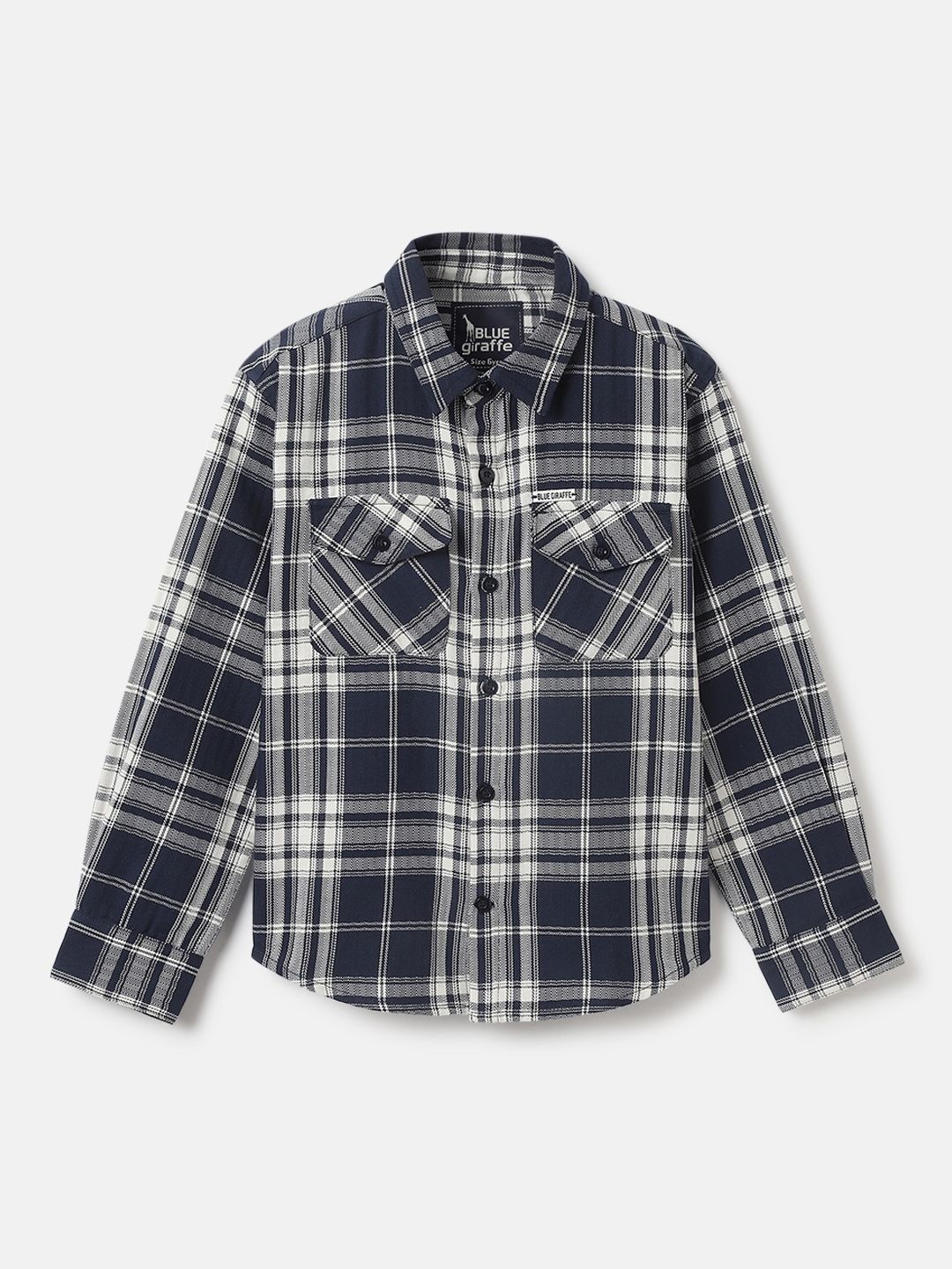 

Blue Giraffe Boys Cutaway Collar Tartan Checked Cotton Casual Shirt, Navy blue