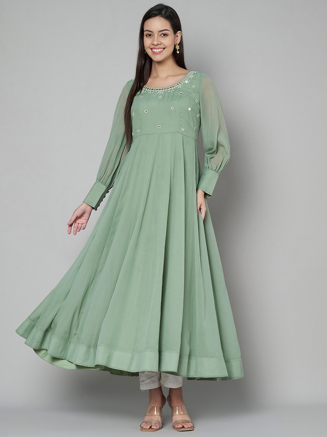 

Poshak Hub Women Embroidered Flared Sleeves Chikankari Georgette Anarkali Kurta, Sea green