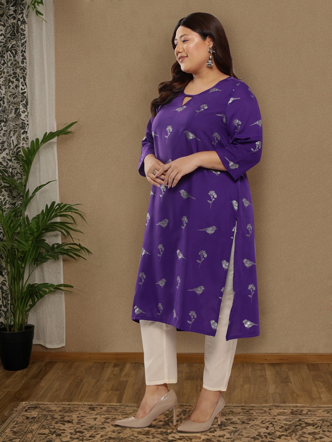 

Sztori Plus Size Ethnic Motifs Printed Straight Kurta, Purple