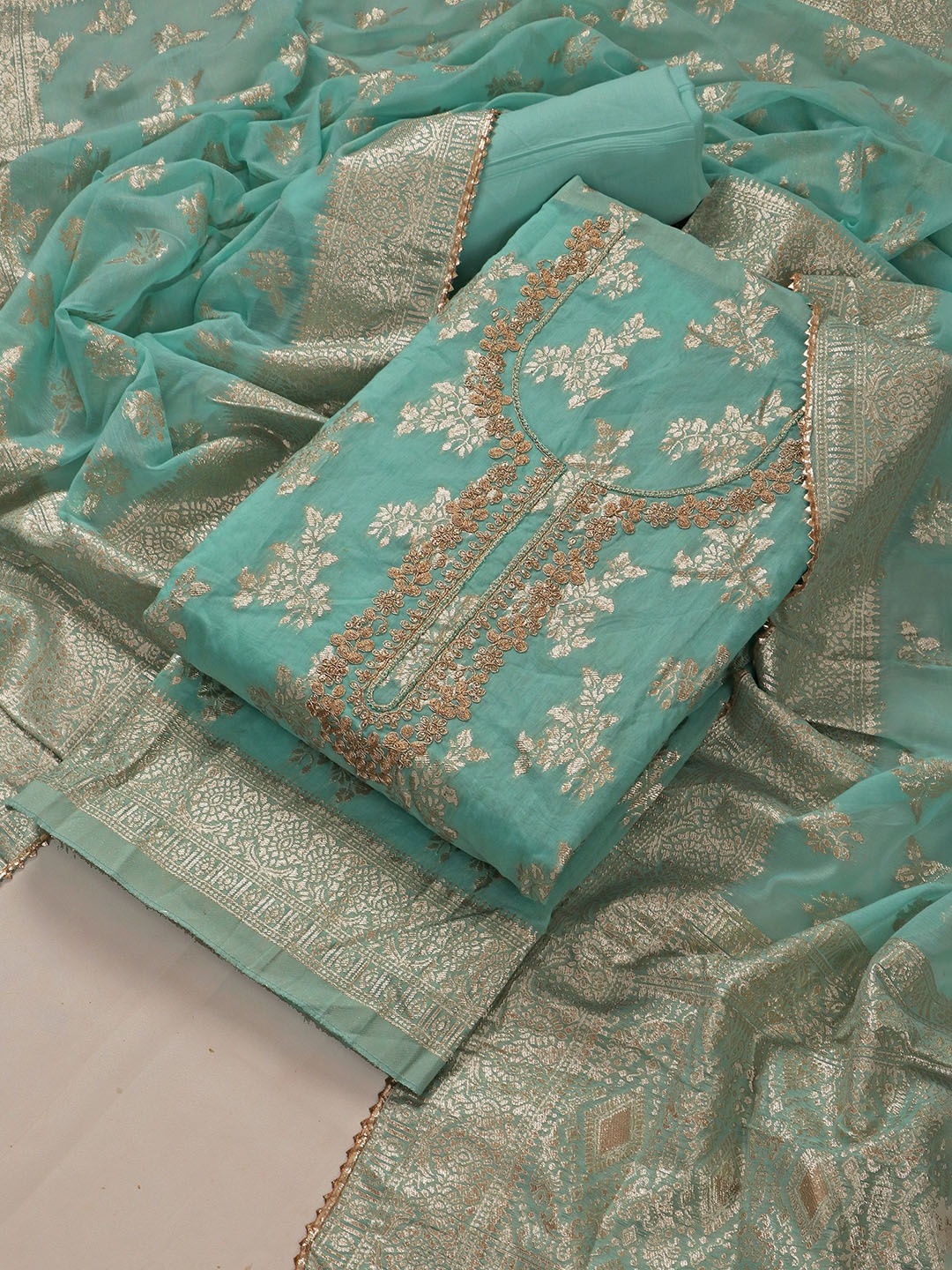 

TAVAS Ethnic Motifs Woven Design Zari Unstitched Dress Material, Blue