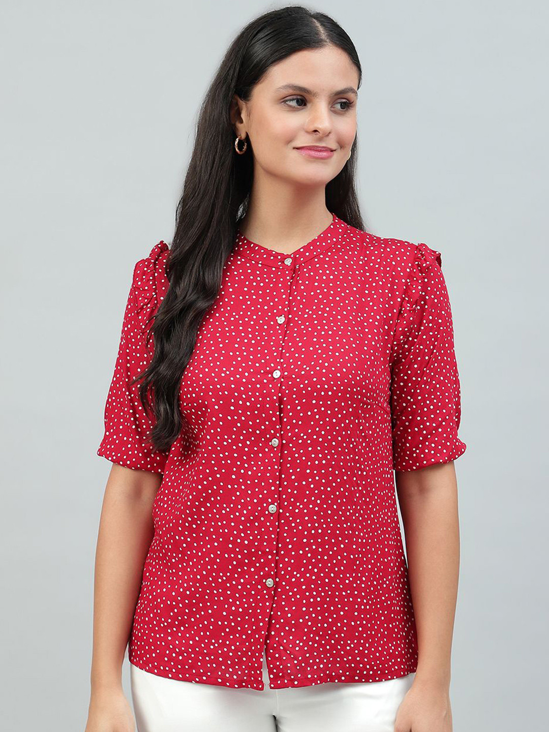 

FLAMBOYANT Women Polka Dots Printed Mandarin Collar Top, Red