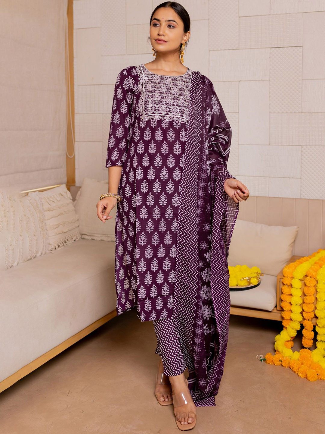 

KALINI Ethnic Motifs Printed Kurta With Trousers & Dupatta, Purple