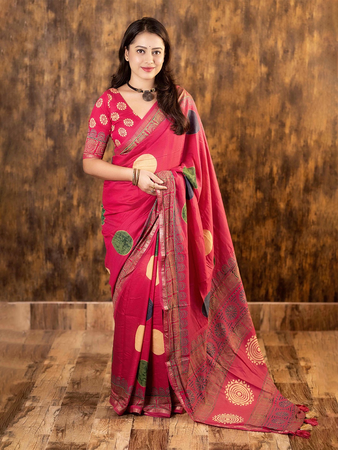 

STAVA CREATION Pure Cotton Zari Chanderi Saree, Pink