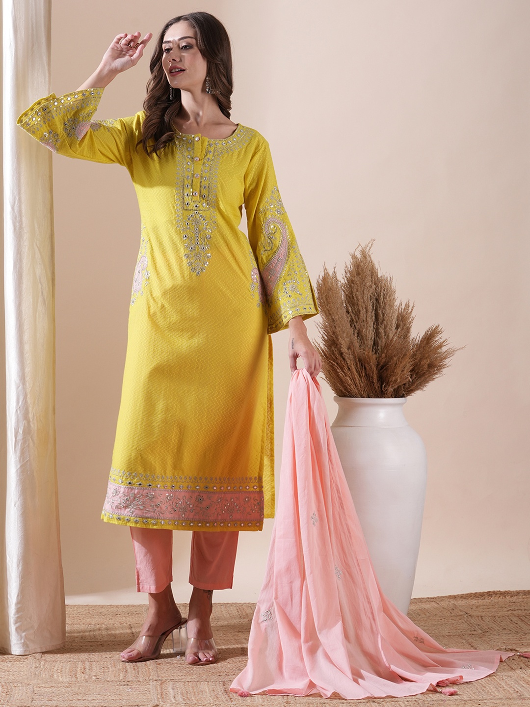 

FASHOR Embroidered Mirror & Zari Work Dobby Pure Cotton Kurta With Trouser & Dupatta, Yellow