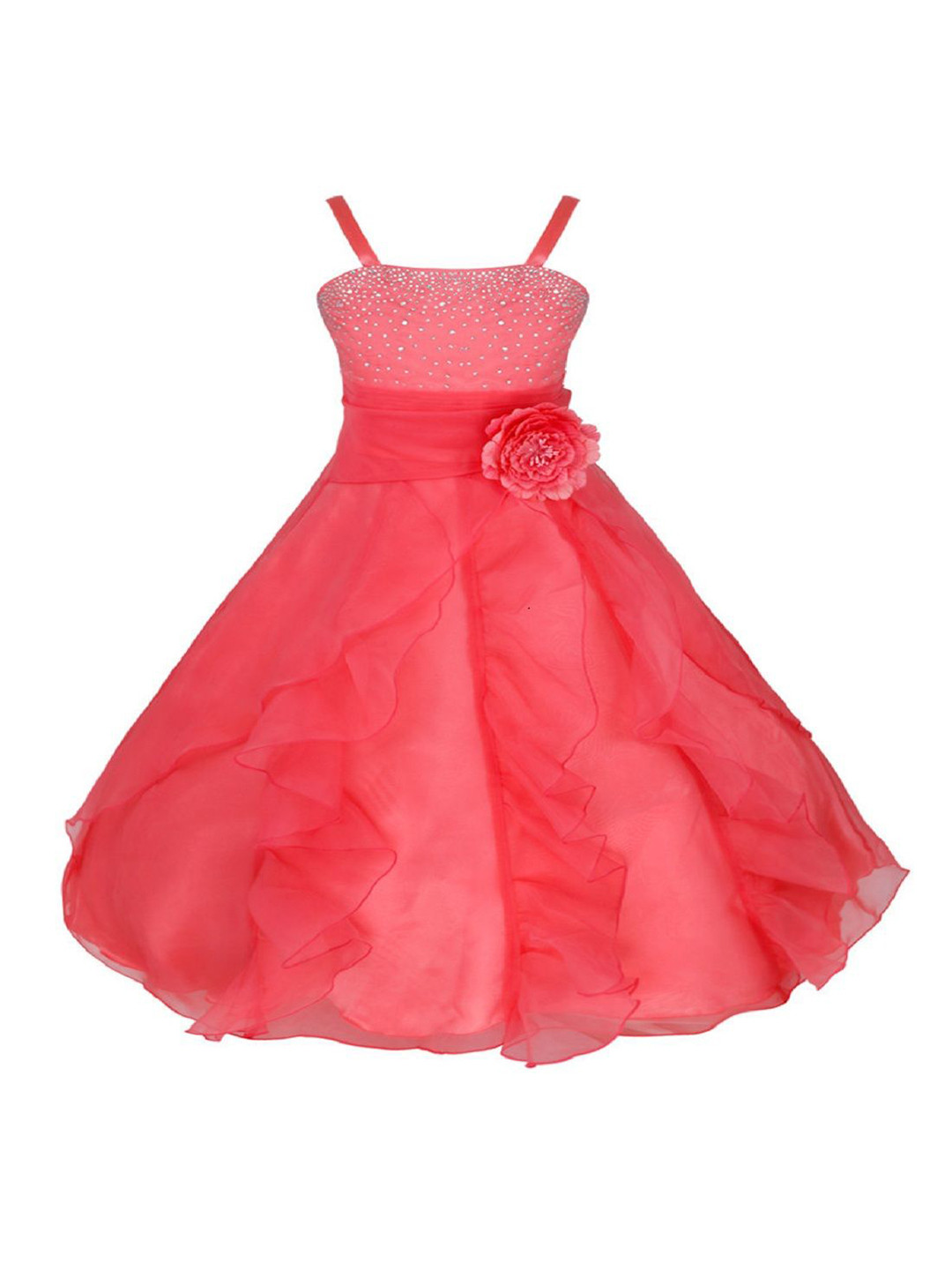 

Wish little Girls Self Design Net Fit and Flare Maxi Dress, Coral