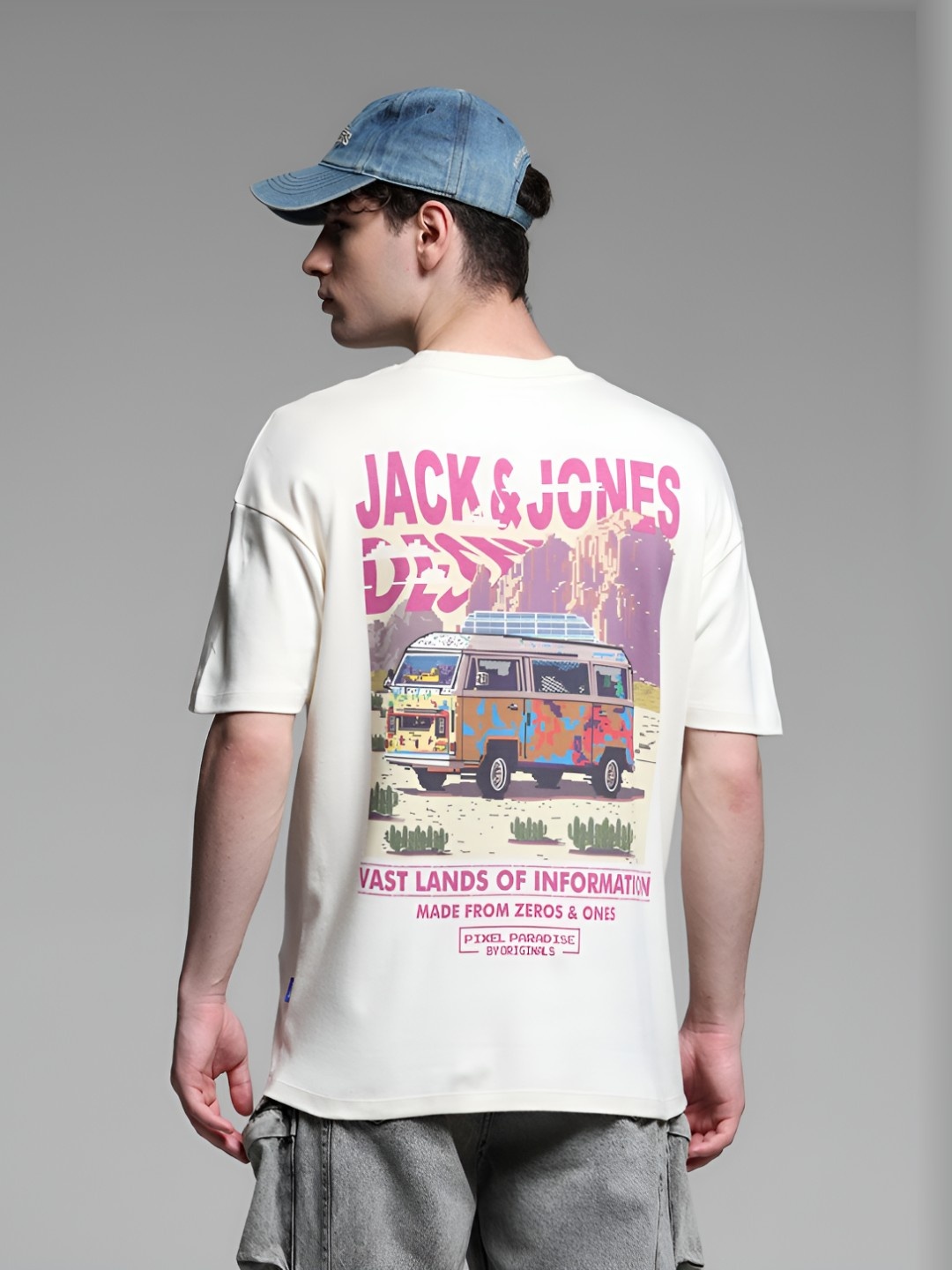 

Jack & Jones Men Graphic Printed Round Neck Cotton Oversized T-shirt, Beige