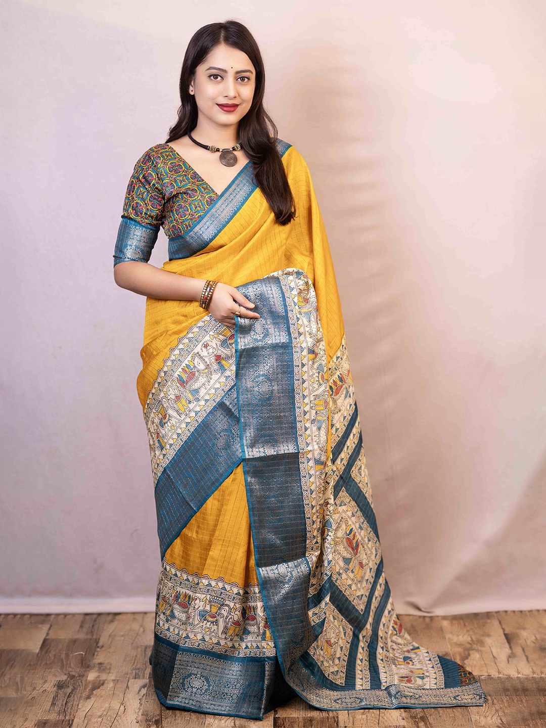 

STAVA CREATION Checked Zari Mysore Silk Saree, Yellow