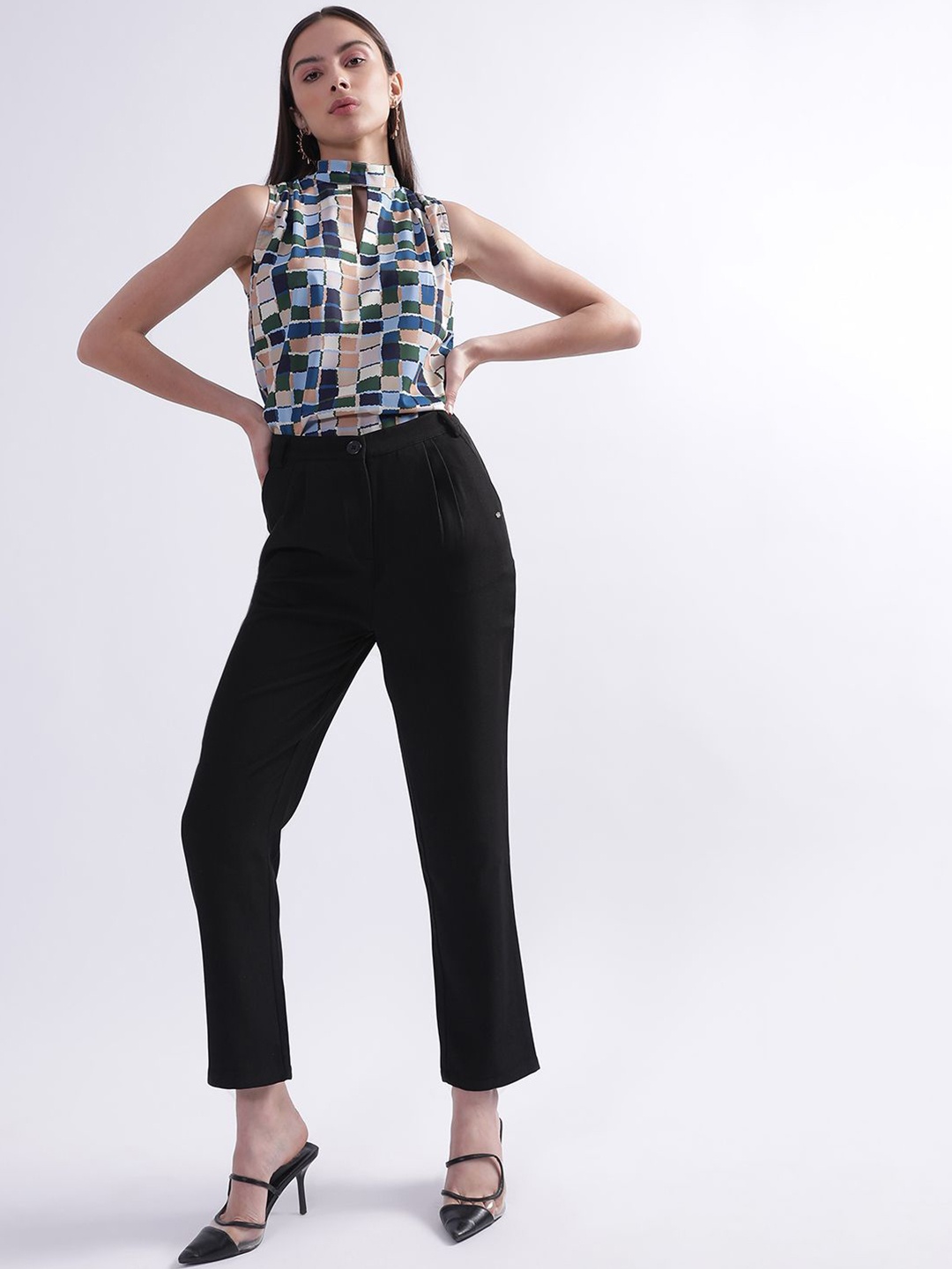 

ELLE Women Abstract Printed High Neck Top, Blue