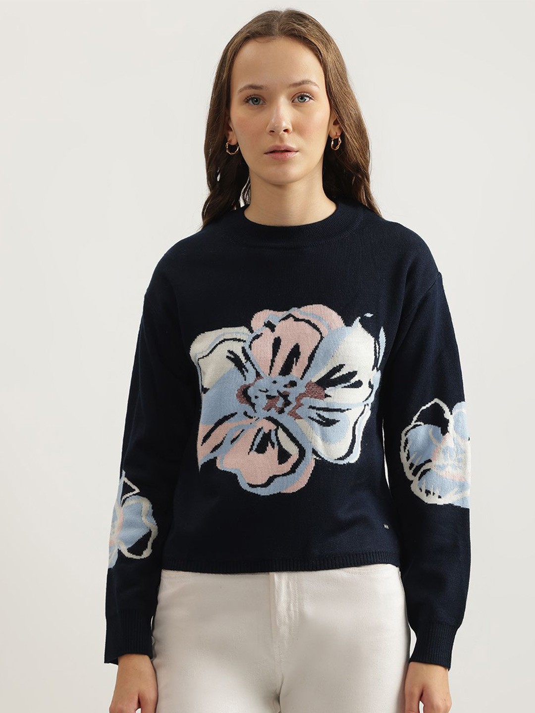 

ELLE Women Floral Self Design Round Neck Pullover Sweater, Navy blue
