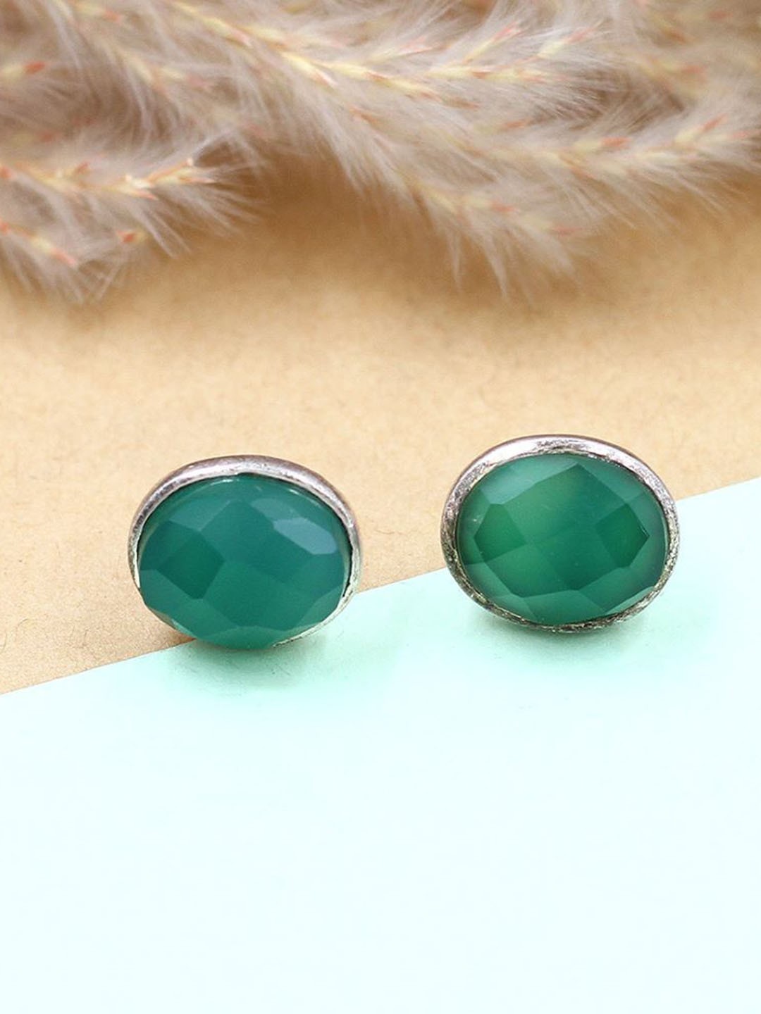 

SANGEETA BOOCHRA Silver Stone Studded Oval Studs, Green
