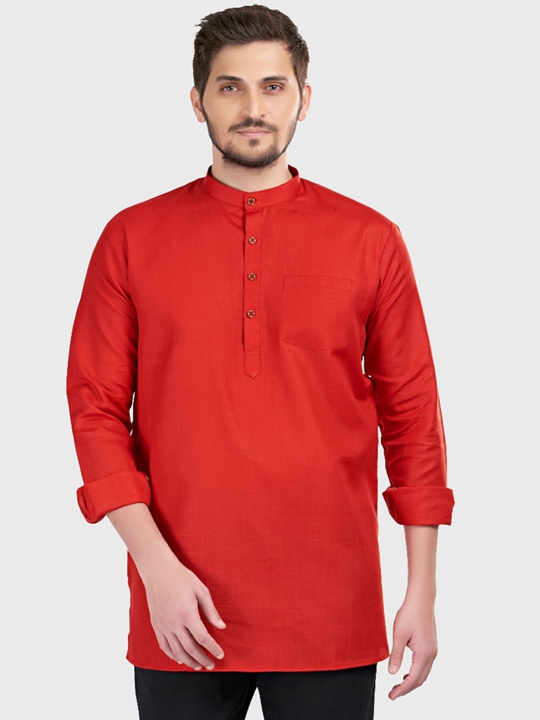 

ENCINO Band Collar Straight Cotton Kurta, Red