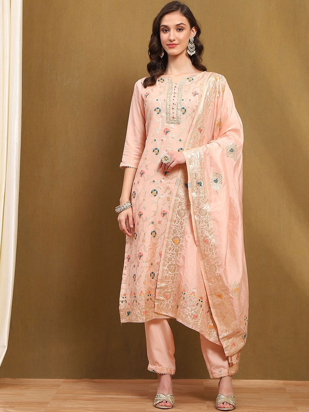 

Biba Floral Woven Design Zari Unstitched Dress Material, Pink