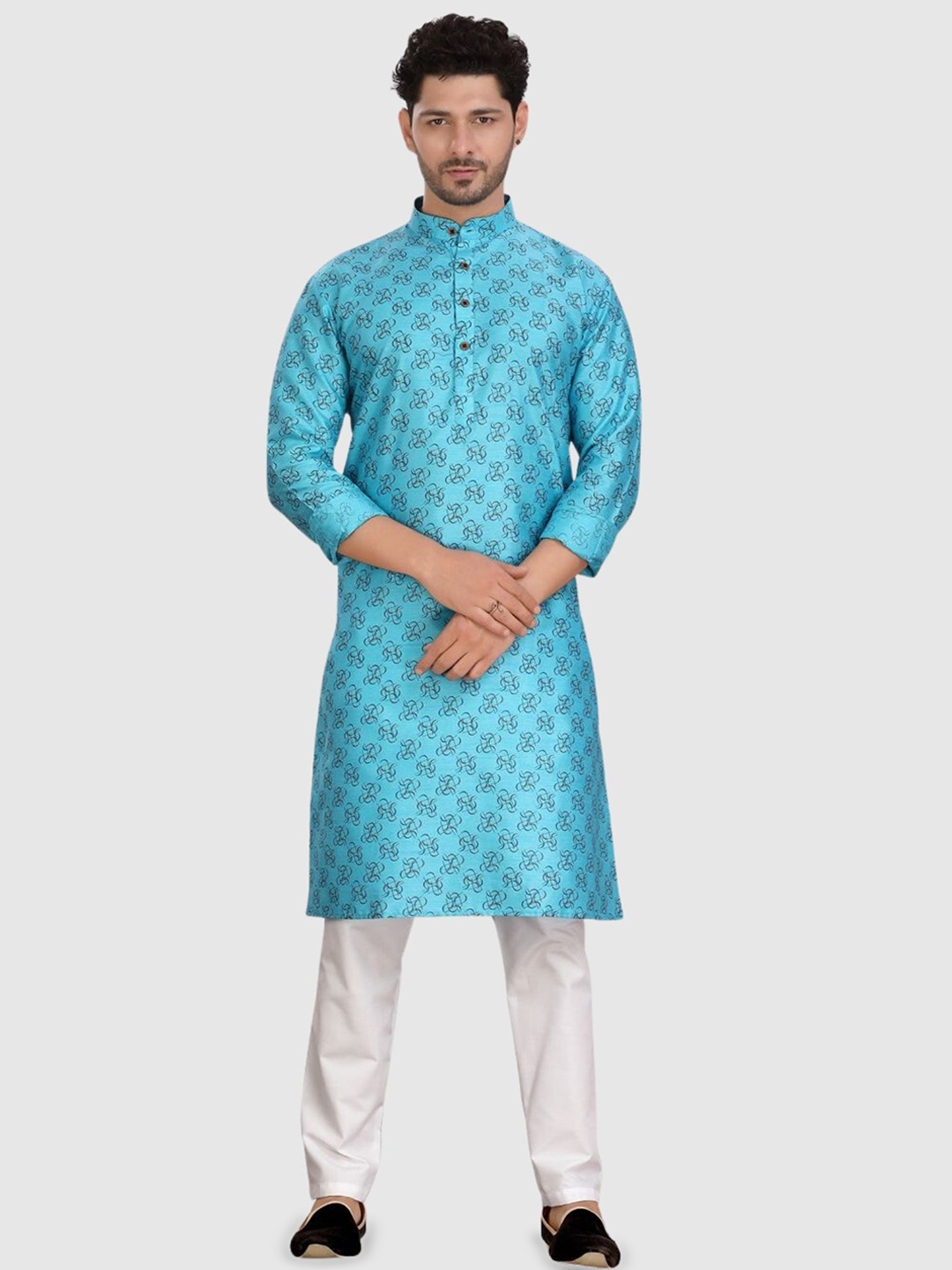 

ENCINO Geometric Printed Mandarin Collar Silk Straight Kurta, Blue