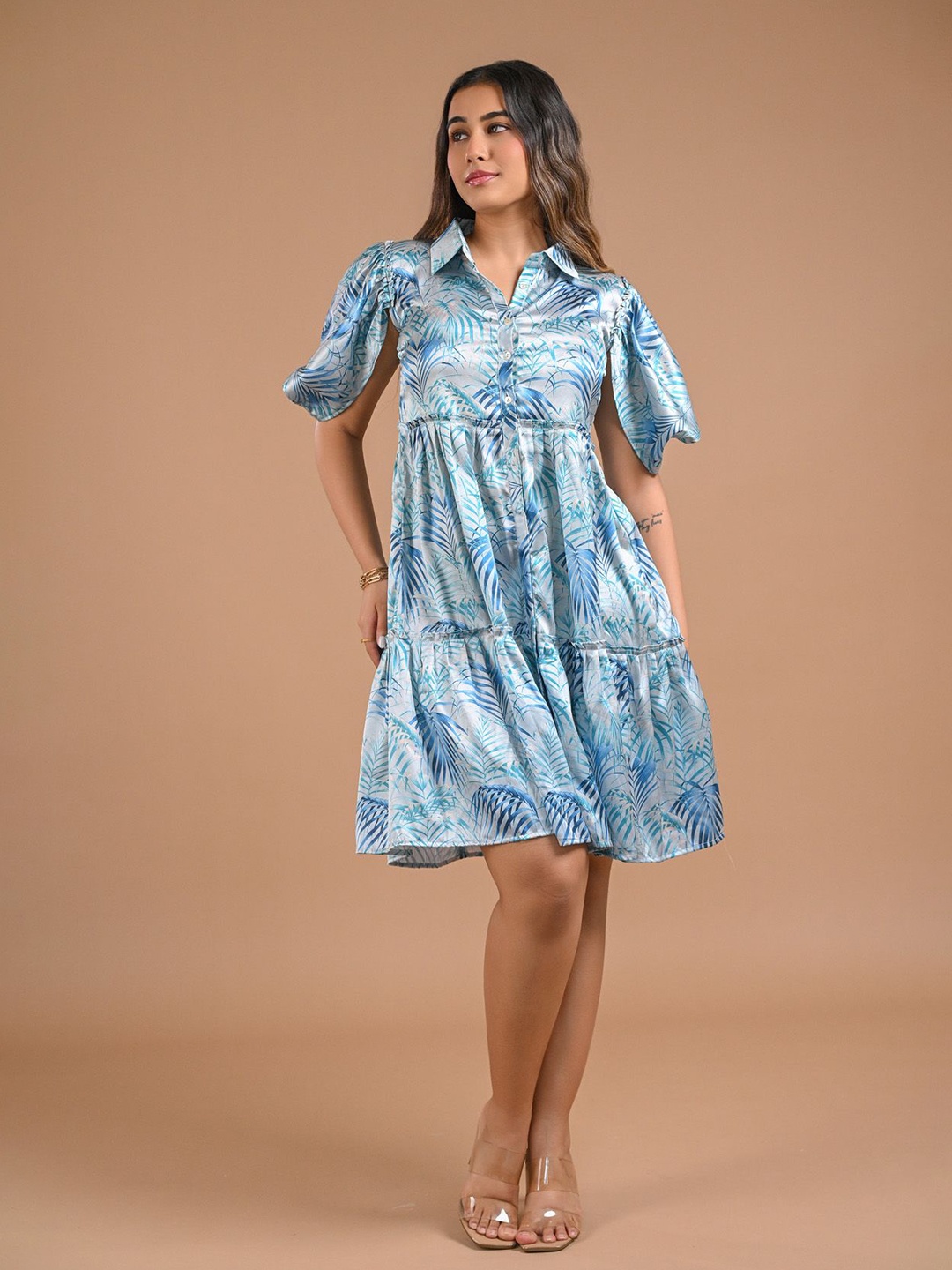 

aaRVee STUDIO Women Floral Print Puff Sleeve Shirt Collar A-Line Mini Dress, Blue