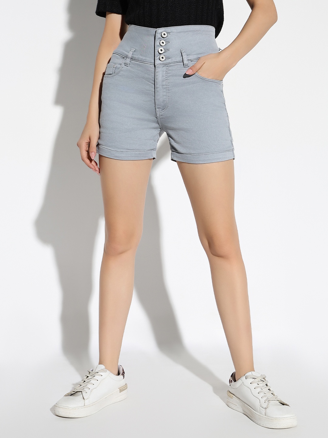 

SHOWOFF Women Solid Grey Slim Fit Denim Denim Shorts