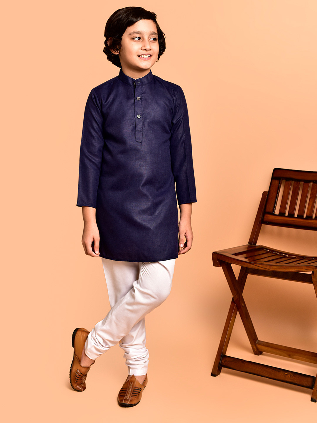 

PRINTCULTR Boys Mandarin Collar Straight Kurta with Pyjamas, Navy blue