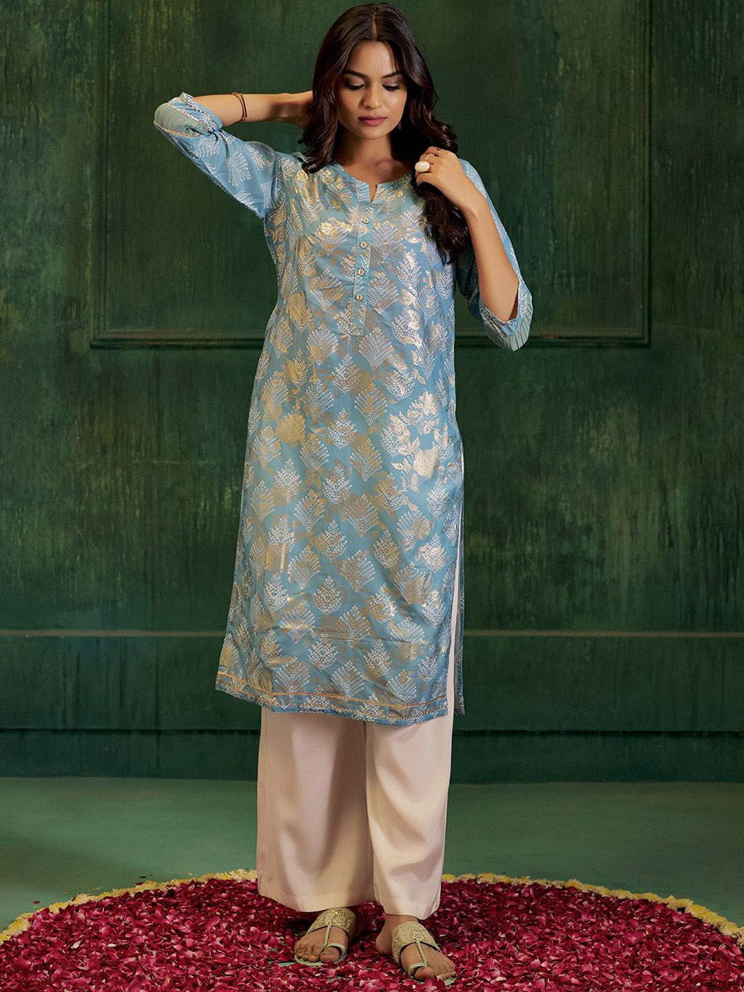 

Jaipur Kurti Bandhej Printed Modal Muslin Kurta, Blue