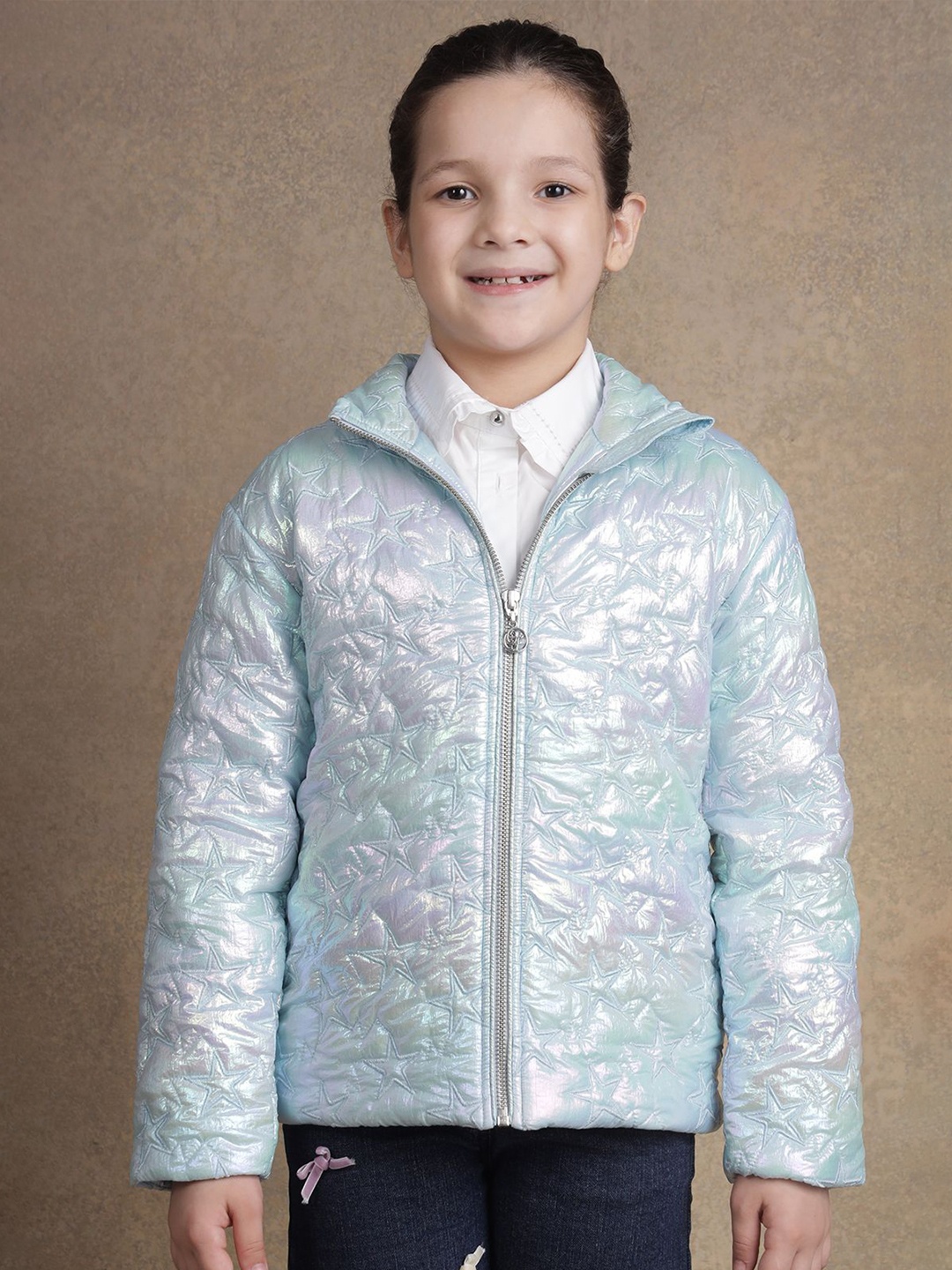 

One Friday Girls Mock Collar Self Design Casual Padded Jacket, Blue