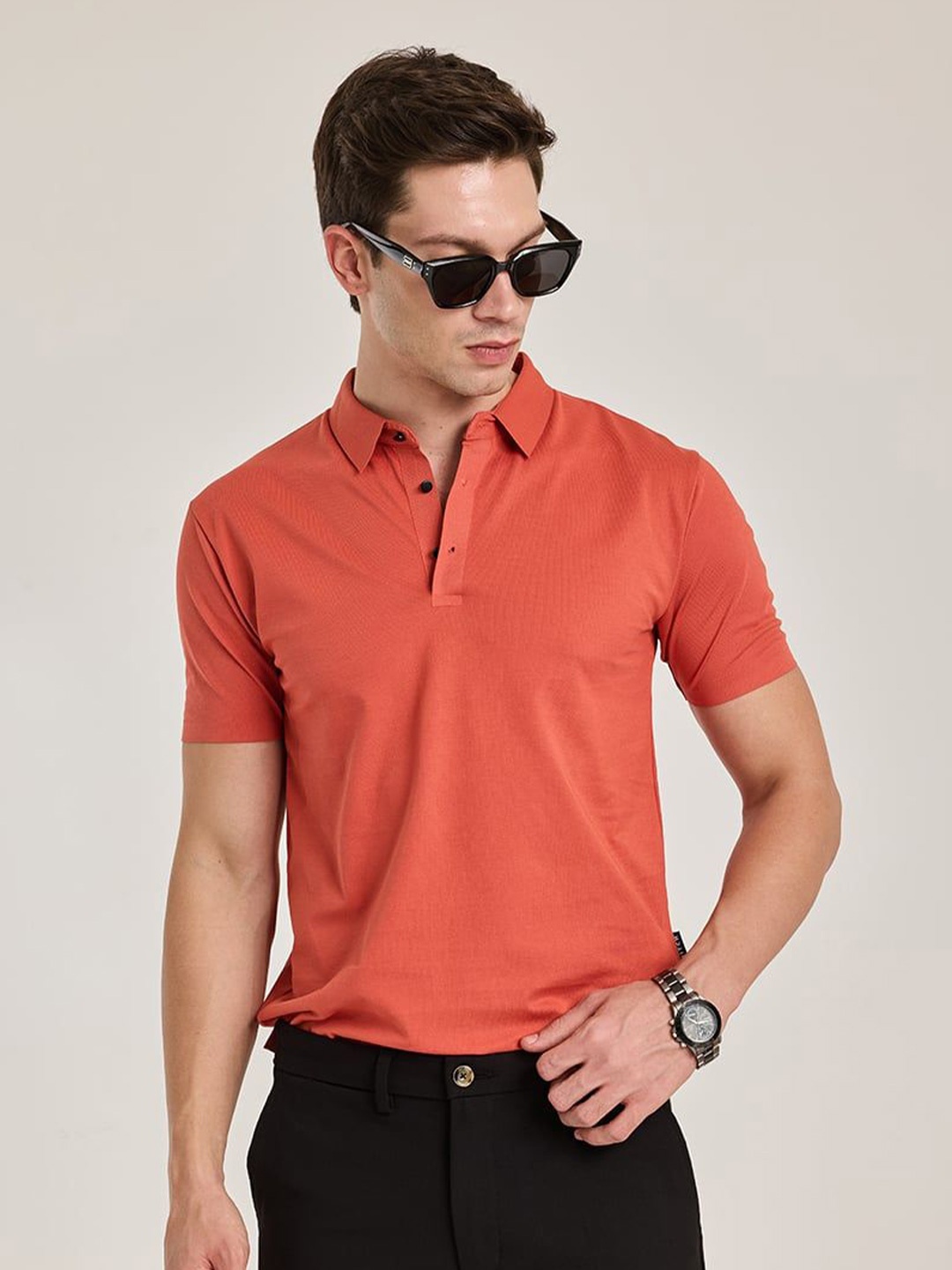 

Snitch Men Solid Polo Collar Nylon Slim Fit T-shirt, Coral