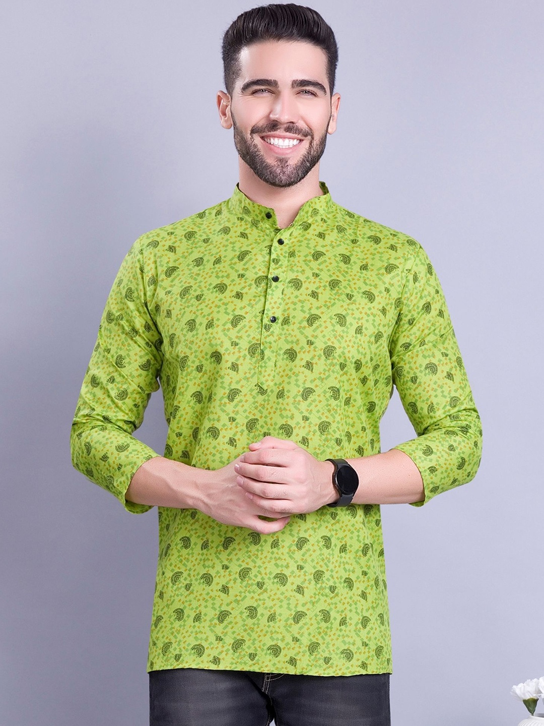 

ENCINO Abstract Printed Band Collar Cotton Kurta, Green