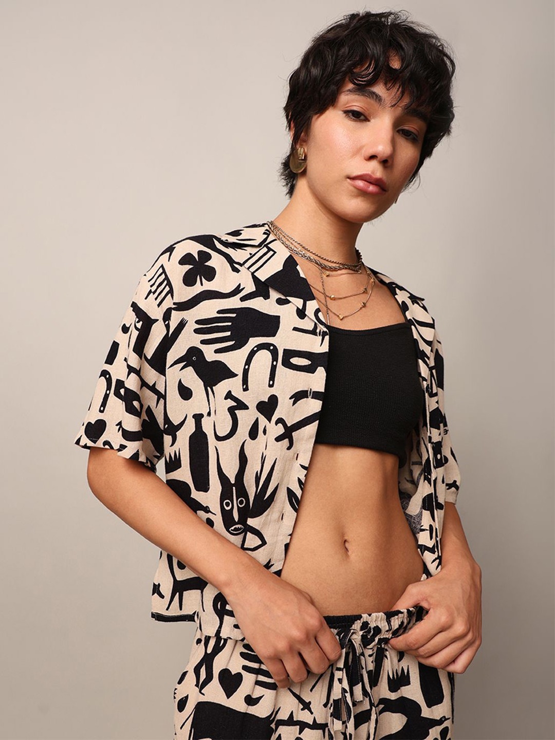 

ONLY Women Cuban Collar Abstract Printed Linen Casual Shirt, Beige