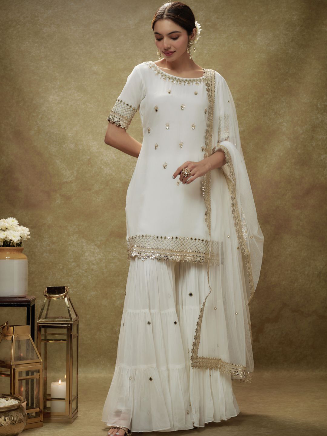 

Renee Label Floral Embroidered Mirror Work Straight Kurta with Sharara & Dupatta, Off white